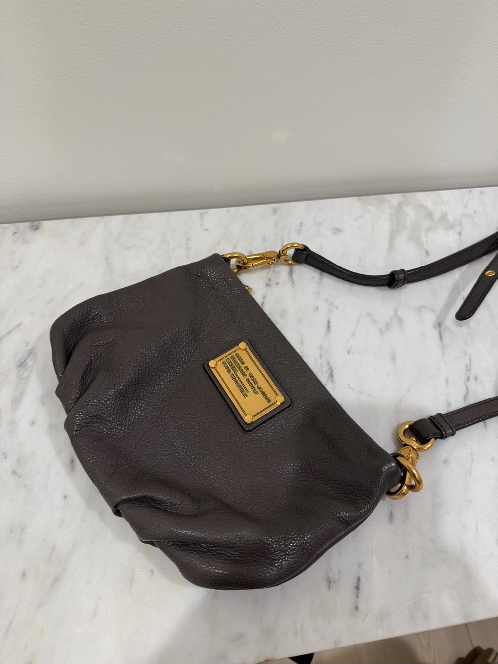Marc by Marc Jacobs Dark Brown Pebbled Leather Crossbody with Gold Plaque